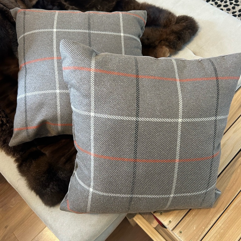 Bundle of 2 Taupe Plaid Throw Pillows with Gray and Orange stripes ❤️15x17